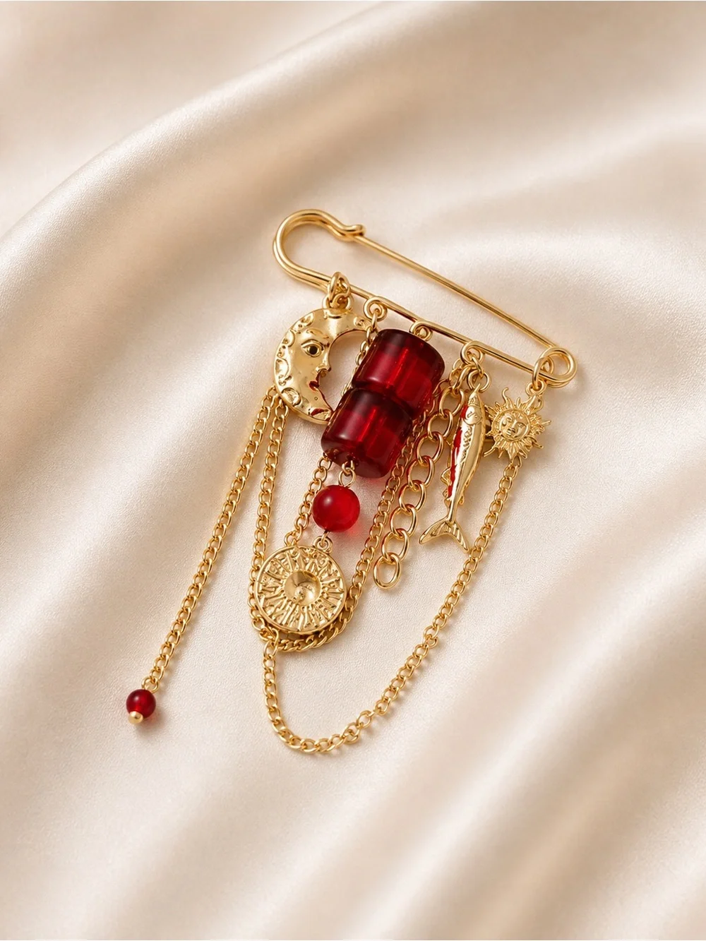 Gold and Burgundy Dangle Safety Pin Brooch - Women Jewelry